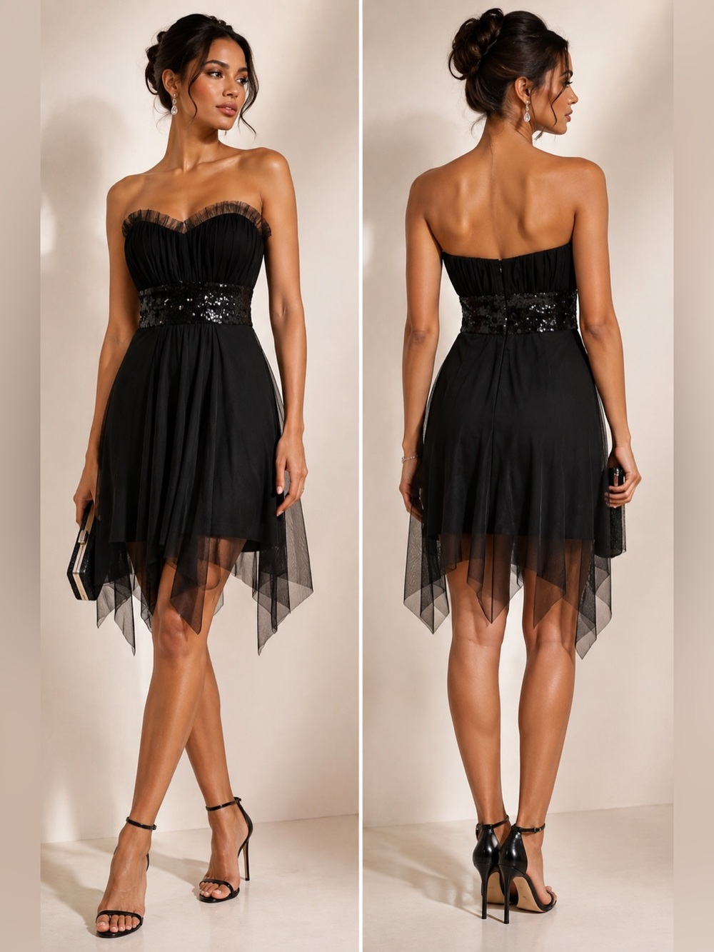 Vintage Black Strapless Sequin Waist Ruched Mesh Corset Hoco Cocktail Dress XS